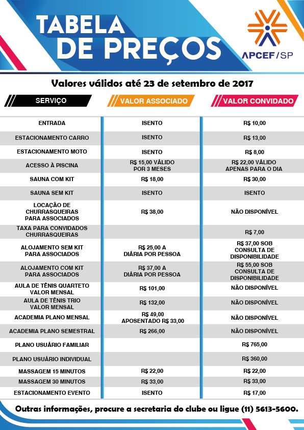 APCEF SP Tabela De Precos A Baixa Temporada Agosto APCEF SP